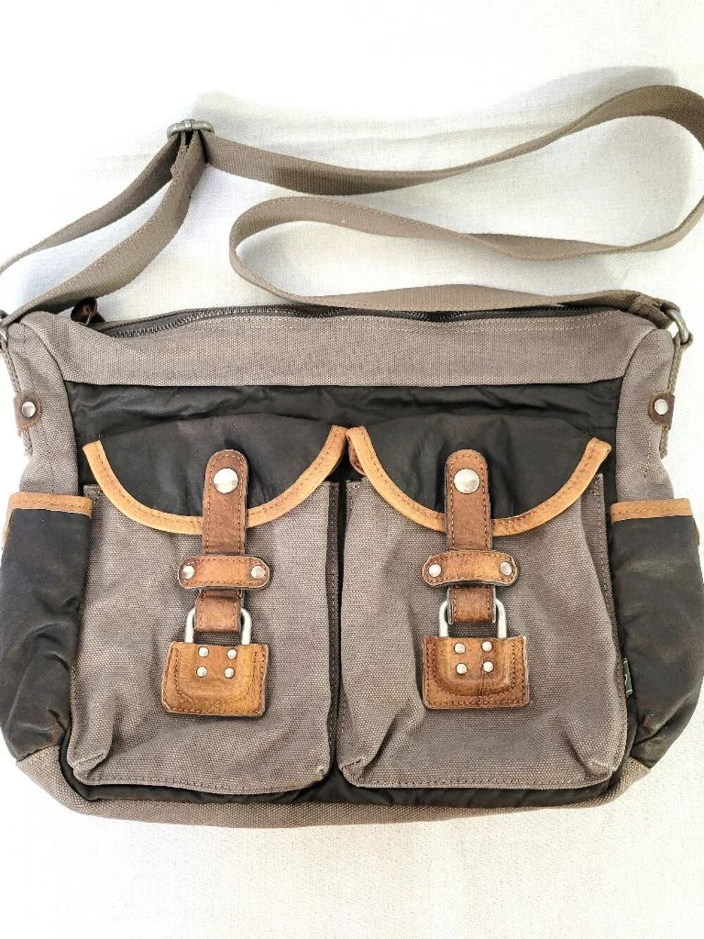 TSD Brand Earth & Style Canvas Leather Messenger Crossbody Bag Green Brown